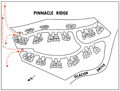trail map showing Pinnacle-Ridge ski trails to all properties 1-44