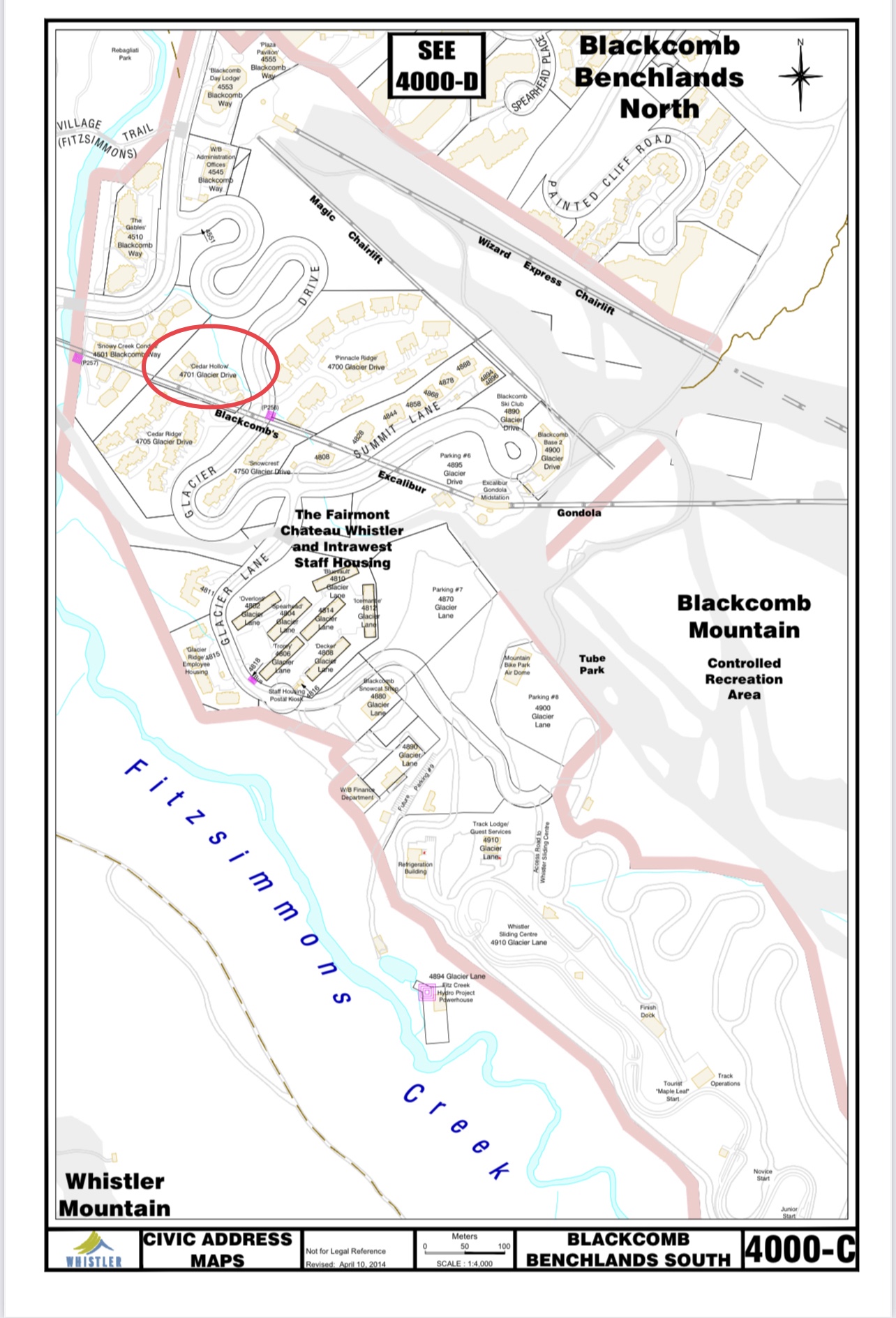 Cedar Hollow Civic address map showing location on blackcomb mountain