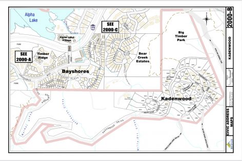 Civic address site plan showing the street addresses in Kadenwood.