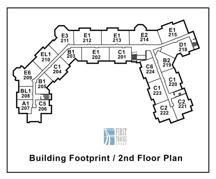 First Tracks Lodge 2nd-floor-showing-unit-numbers-and-floor-plan-type-Readjust-First-Tracks-Lodge-Building---