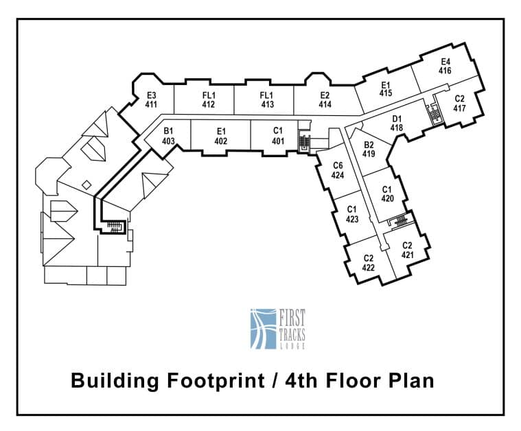 First Tracks Lodge 4th-floor-showing-unit-numbers-and-floor-plan-unit-type-numbers-First-Tracks-Lodge-Building---